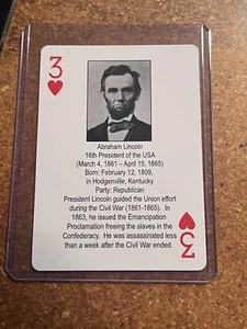 2011 Arcturus LLC The Presidents Playing Cards # 3 of Hearts Abraham Lincoln - Imagen 1 de 2