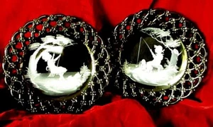 PAIR OF VINTAGE 1940 WESTMORELAND ENAMELED OBSIDIAN GLASS MARY GREGORY RIBBON - Picture 1 of 6