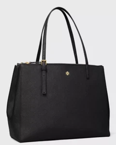 NWT Tory Burch 134837 Emerson Large Double Zip Tote Black Saffiano Leather Bag - Picture 1 of 14