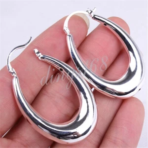 925 Sterling Silver Oval Shape Large Hoop Earrings Jewelry, many size available - Picture 1 of 12
