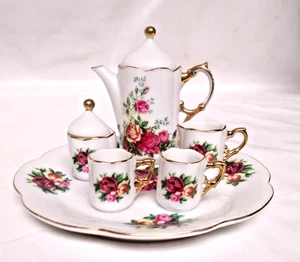 VTG PORCELAIN MINI TEA SET FLORAL ROSE PATTERN WITH GOLD TRIM - Picture 1 of 3