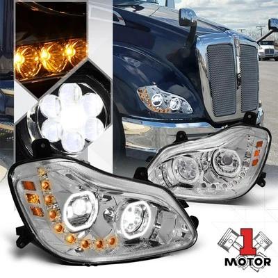 Chrome Projector Headlight [LED HALO+SEQUENTIAL SIGNAL] for 13-21 Kenworth T680 - Image 1 of 4