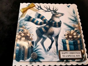 New Handmade Stag Themed Son Christmas Card Size 8" X 8 - Picture 1 of 5