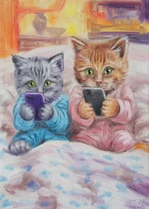 Original Cute Kittens Oil Canvas Painting Modern Life Cats Technology Wall Art - Picture 1 of 24