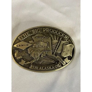 AMOCO THE BID PRODUCER OIL BELT BUCKLE ALASKA PRUDOE BAY BEAR SEAL FLAG SEMI - Picture 1 of 4