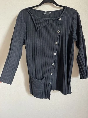 Fenini ассиметричный черный кнопка вверх Lagenlook хлопок длинным рукавом блузка Топ L - Изображение 1 из 4