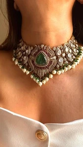 Emerald Green Victorian Lotus Kundan Sabyasachi Polki Choker Necklace set Jhumka - Picture 1 of 5