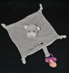 🐻 Doudou plat ours 3 SUISSES gris blanc Born to be attache tétine TBE - Picture 1 of 1