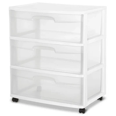 Sterilite Storage Drawer, 3 Drawer Wide Plastic Storage Cart with Clear Pull Out
