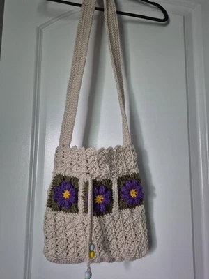 Handmade Crochet Cross Body Shoulder Bag Lined Purple Flowers - Image 1 of 4