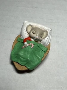 Vintage Hallmark 1986 Merry Miniature Mouse Sleeping In Walnut Candy Cane 1 1/2” - Picture 1 of 7