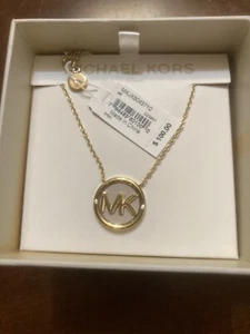 NWT $100 MICHAEL KORS Yellow Gold Color MK Logo Necklace - Picture 1 of 3