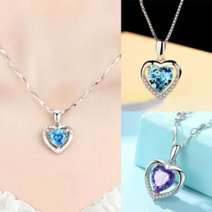 925 Sterling Womens Jewellery Pendant Silver Crystal Necklace   Heart - Picture 1 of 13
