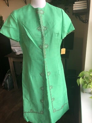 Vestido Vaina Vintage Formal HENRY LEE Verde Con Cuentas Estrás Seda Manga Corta Foto 1 de 4