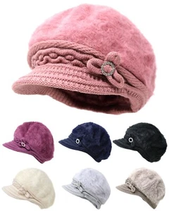 Women's Knit Hat Flower Accent Faux Fur Beret Cute Visor Beanie Cap Soft Warm - Picture 1 of 13