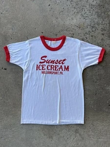 1980s Vintage Sunset Ice Cream Summer  Ringer T Shirt Red Size L Williamsport - Picture 1 of 5