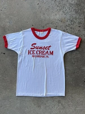 1980s Vintage Sunset Ice Cream Summer  Ringer T Shirt Red Size L Williamsport - Image 1 of 4
