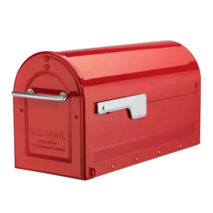 Post Mount Mailbox Red Large Galvanized Steel Durable w/ Silver Handle and Flag - Picture 1 of 12
