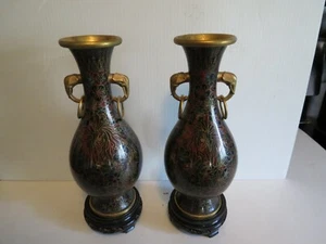 Pair Of Vintage Antique Chinese Cloisonne Vases - 10" Tall - Exceptionally Nice - Picture 1 of 12