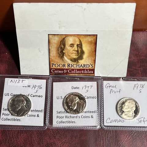 3 Different Jefferson Proof Nickels. As Pictured. 1976, 1977, 1978 F/S! N135 Cover