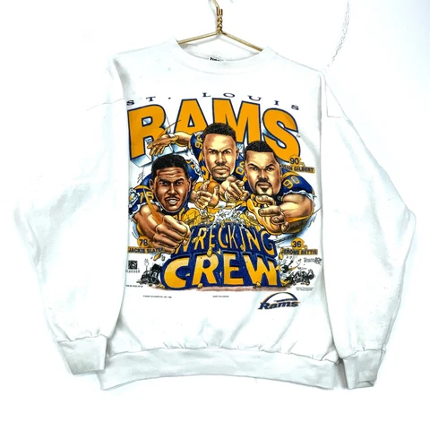 Vintage St. Louis Rams Wrecking Crew Caricature Sweatshirt Large 1995 White Cover