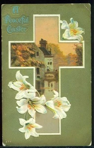 A PEACEFUL EASTER Cross Frames Country Scene Lilies Unused Vintage Postcard - Picture 1 of 1