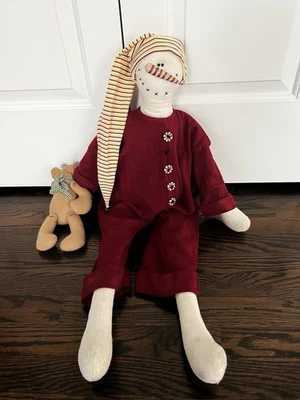 Muñeca muñeco de nieve arte popular primitivo grande de colección 34" H pijama rojo sombrero a rayas oso Foto 1 de 4