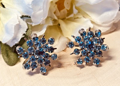 Pendientes Coro Starburst Vintage Azul Estrás Tono Plata Tornillo Trasero Foto 1 de 4