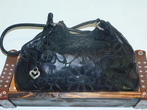 BRIGHTON VALENCIA SHOULDER/HANDBAG IN BLACK FLORAL EMBROIDERY ON BLACK LEATHER - Picture 1 of 17