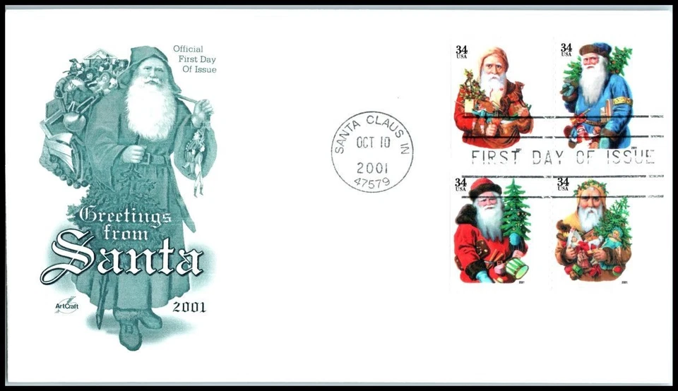 2001 Holiday Greetings Santas 3540d booklet FDC ArtCraft Christmas St Nicholas - Image 1 of 1