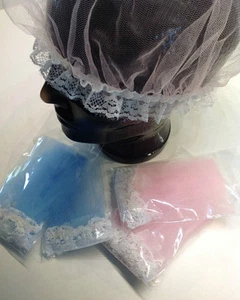 2 x Spitzenhaube Schlafhaube Kopfhaube rosa hellblau mit Spitzenrand - Bild 1 von 1