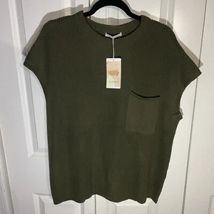 NWT Army Green Size Medium 100% Cotton Cap Sleeve Crew Neck Lightweight Sweater - Picture 1 of 9