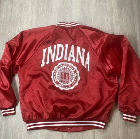 Vintage Indiana University Satin Jacket Men XXL Red Nylon 80s Snap Button USA Cover
