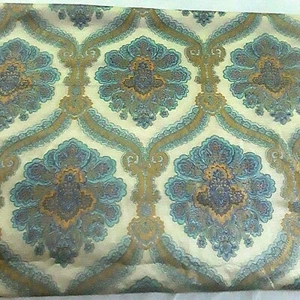 Blue Gold Paisley Medallion Fabric Upholstery Drapery Glazed Stamped Cotton 8yds - Picture 1 of 8