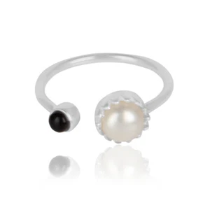 Double Birthstone Pearl & Black Onyx Sterling Silver Adjustable Ring For Couples - Picture 1 of 5