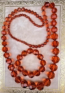 Vintage Necklace+Bracelet,Simulated faceted amber Acrylic 1980's 60cm 71 - Picture 1 of 7