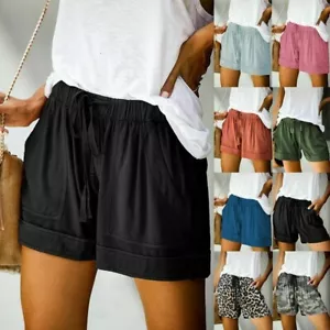 Womens Summer Drawstring Splice Casual Elastic Waist Pocketed Loose Shorts Pants - Picture 1 of 54