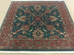 3’ X 3’ Green Red Square Traditional Floral Oriental Area Rug Hand Knotted Wool