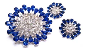 Vintage B David Blue Rhinestone Brooch Earrings SET - Picture 1 of 12