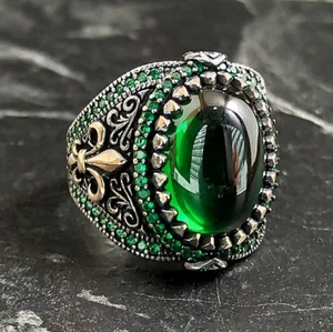 Men Oval Green Jade Gemstone Silver Ring , Silver French Signet Royal Ring - Picture 1 of 8