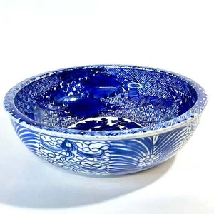 Antique Meiji Hand Painted Imari Japanese Ceramic Bowl Blue & White 11.5” - Picture 1 of 11