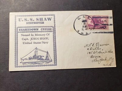 Cubierta naval USS SHAW DD-373 1937 CRUCERO SHAKEDOWN Cachet TOULON, FRANCIA Foto 1 de 2