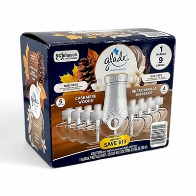 Glade PlugIns Scented Oil Cashmere Woods + Vanilla Embrace, 1 Warmer + 9 Refills - Image 1 of 3