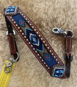 Blue Beaded Western Leather WITHER STRAP with Bling For Breast Collar Horse Tack - Picture 1 of 6