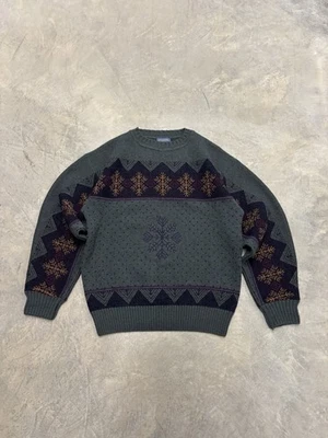 Rare Vintage PENDLETON Fair Isle Nordic Snowflake Striped Sweater 80s Green SZ M - Image 1 of 4