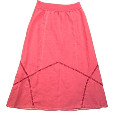 Vintage 90s Y2K XCVI Ramie Linen Midi Skirt Muted Cherry Red Crochet Medium - Image 1 of 4