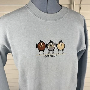 Pferde "Haben Sie Heu?" Sweatshirt Größe? Hellblauer bestickter Pullover Rundhalsausschnitt - Bild 1 von 14