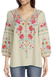 Top túnica campesina floral bordada John Mark talla XS estilo Johnny Was - Imagen 1 de 8