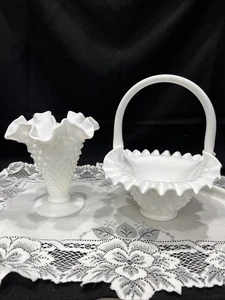 Fenton Milk Glass Hobnail Basket Applied Handle& Trumpet Vase VTG 5.5-7.5 T - Picture 1 of 5