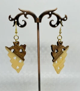 Golden Upside Down Christmas Tree Earrings Xmas Gift Wood Resin Unusual Fun Eco - Picture 1 of 4
